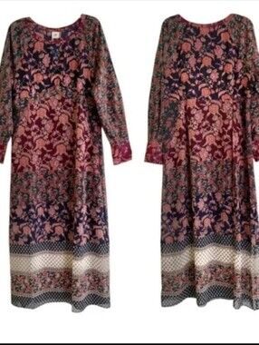 CABI Maxi Dress long flowy boho floral border print navy/pink/burgundy EUC Sz XS